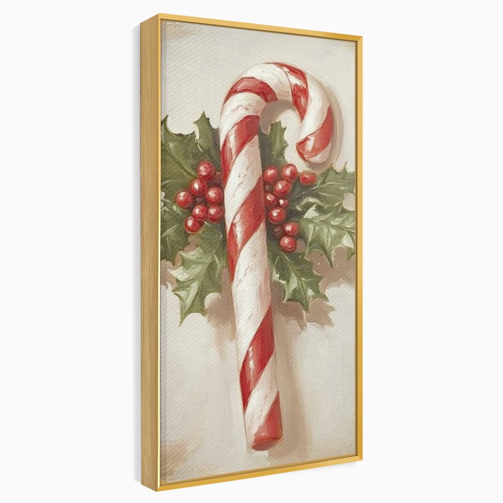 Tablou canvas cu pictura cu baston de zahar si frunze, in rama de aluminiu auriu